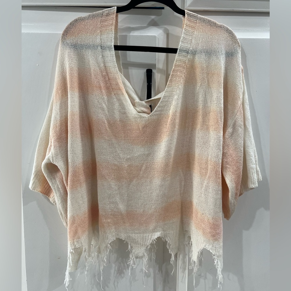 POL oversized loose, raw fringe edge, drop sleeve, tie-back knit sweater top, L